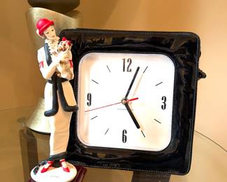Vintage patent leather clock purse, Giuseppe Armani Lady with Dog figurine 