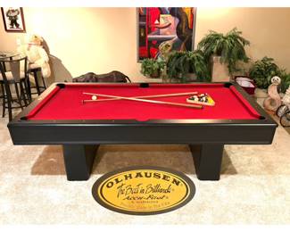 OLHAUSEN red felt billiards pool table with accu-fast cushions. Comes with balls, cues, cue stand, table cover, chalk, triangle, etc. 100“(L) x 56“(W) x 30.5“(H)  