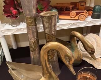Large brass swan planters, vintage brass and pewter candle holders 