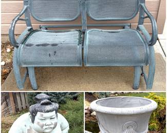 Patio glider bench, garden sumo wrestler statue, large concrete urn planter 