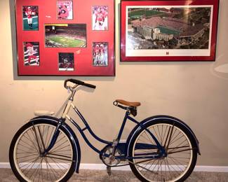 Vintage Shapleighs bicycle, Nebraska Husker photo art and poster art of Memorial Stadium
