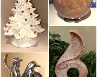 Vintage ceramic Christmas tree, large polished jasper sphere, vintage chrome aluminum penguin statues, vintage cherry blush marble sun & moon abstract modern art decor 