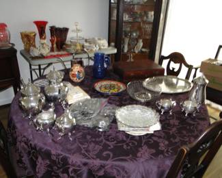 Misc. Silver plate Teas ets, Dishes, Antique table