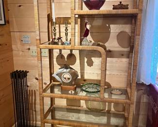 Wicker shelving unit.