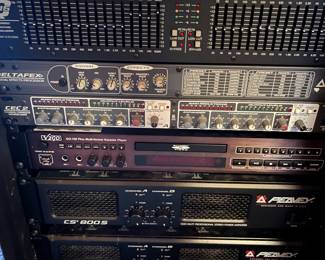 Peavey Deltafex digital effects processor; Peavey Cel 2 2-channel compressor expander uniter; Peavey V260 GO-100 plus multi-format karaoke player; two Peavey Channel A CS 800S dual channel power amps.