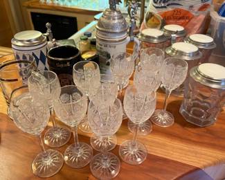 Large selection of glassware/drinkware; vintage steins.