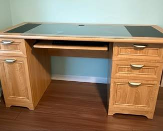 Light Oak Executive Desk with Black Leather Inset