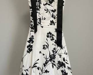 Women's Strapless Black Floral Print Dress with Ribbon Accents