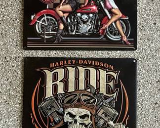 Harley-Davidson "American Classics Babes" and "Ride Bone" Embossed Tin Signs by Andre Rooney Inc.