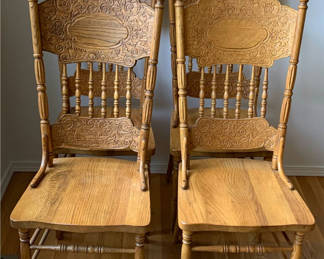 Lot 3: Set Of Four Vintage Press Back Solid Oak Chairs