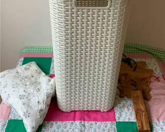 Lot 16: Plastic Hamper, Handheld Steamer And Small Quilts