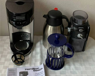 Lot 9: Hamilton Beach Single Serve Coffee Maker, Krups Grinder, and more