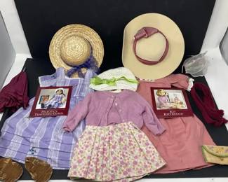 American Girl Doll Clothing Lot Felicity Traveling Gown, Kit Kittredge Accessories