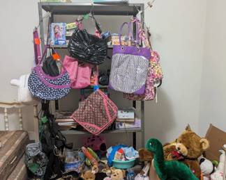 purses and children's toys, stuffed animals, board games, puzzles