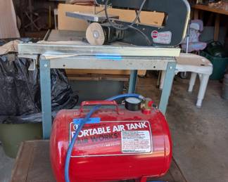 air tank and power tools. scroll saw