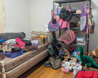 purses, toys, children's, puzzles, stuffed animals, box spring and mattress, headboard with matching dresser