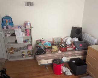 barbie toys, purses, pet supplies, wallets, wristlets, headboard, mattress and box spring, dresser and mirror