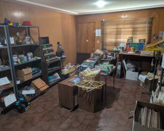 antique photo development supplies and equipment, vintage stamp collection, hangers, jewelry, vinyl records, LPs, household decorations