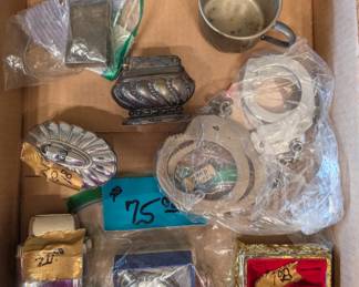 antique and vintage lighter, stopwatch, pocket watch, jewelry box, hand cuffs