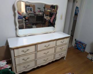 dresser with mirror, nightstand and headboard (matching set), box spring and mattress
