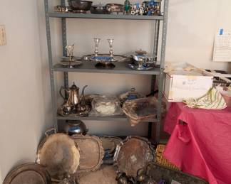 silver, silver plated, trays, candle stick holders, serving pieces, napkin holder, antique and vintage