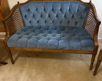 70s CANE SIDE TUFTED BLUE VELVET LOVE SEAT