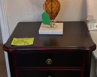pretty night stand/end table, amber hurricane lamp