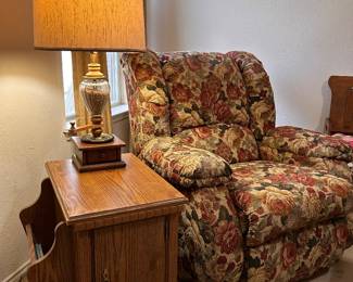coffee grinder lamp, vintage side table with magazine rack