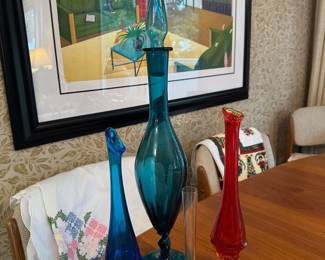 Blown Swung Glass Vases, Blue Blown Glass Decanter - Possibly Blenko