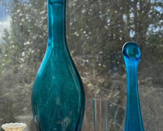 Blue Blown Glass Decanter - Possibly Blenko, Blue Blown Swung Glass Vase, Art Glass Blue & Clear Bud Vase