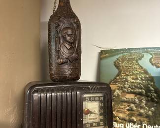 1940s RCA Brown Bakelite Tube Radio, Sancho Panzo Don Quijote Brown Leather Wrapped Decanter