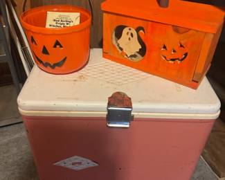 1980s Halloween Blow Mold Candy Bucket, 1950s/1960s Coleman Pink Cooler with Diamond Logo