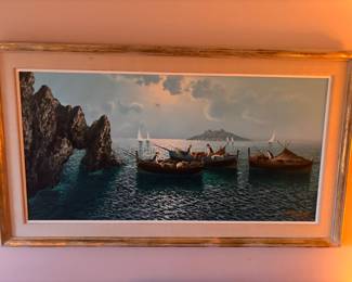 Framed Fishing Boat Oil Painting Signed Moreno