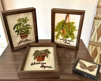 Framed Schefflera, Asparagus Fern and Christmas Begonia Crewel Embroidery