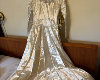 Circa 1950s Ivory Liquid Satin Pearl Beaded Wedding Dress