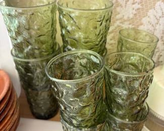 Set of 10 - 1970s Green Glass Thumbprint Juice Glasses