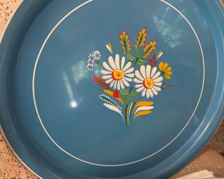Mid Century Floral Hand Painted Round Blue Platter