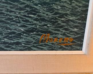 Framed Fishing Boat Oil Painting Signed Moreno