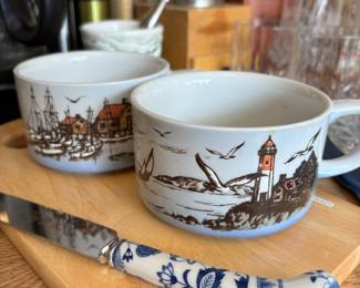 Pair of Otagiri Embossed Nautical Themed Stoneware Soup Mugs