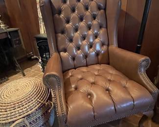 1 of 2 leather wing back chairs