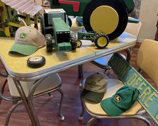 Formica top table, chairs, John Deere items