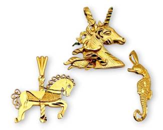 14k Gold Unicorn, Seahorse,  Carousel Horse Pendants 5.34g Total