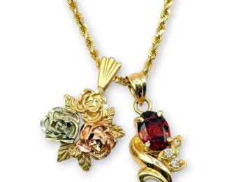 14k Gold Tricolor Rose Pendant  Diamond Pendant on 20 Rope Chain Necklace 7.17g Total