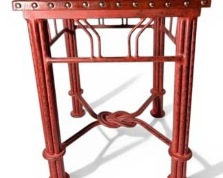 Dark Red Side Table with Studded Leather Top and Cluster Column Legs