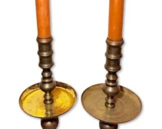 Two Vintage Etched Brass Floor Candle Holders