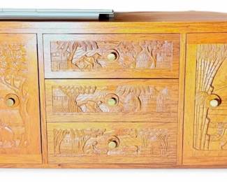 Wooden TV Stand with 5 Drawers and Woodcut Carving Designs