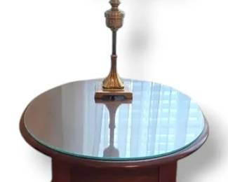 Oval Wood Glass Top Side Table With Brass Candlestick Lamp