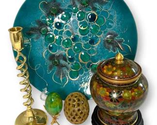Enamel Plate, Brass Candle Holder, Cloisonne Vase,  More