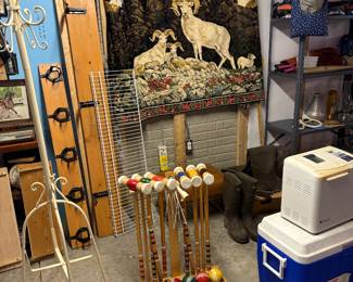 like new Croquet set, coolers, coat rack, tapestry, horseshoe hanger