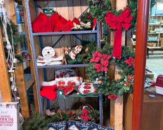 Christmas wreaths, pillows, velvet bows and crafts